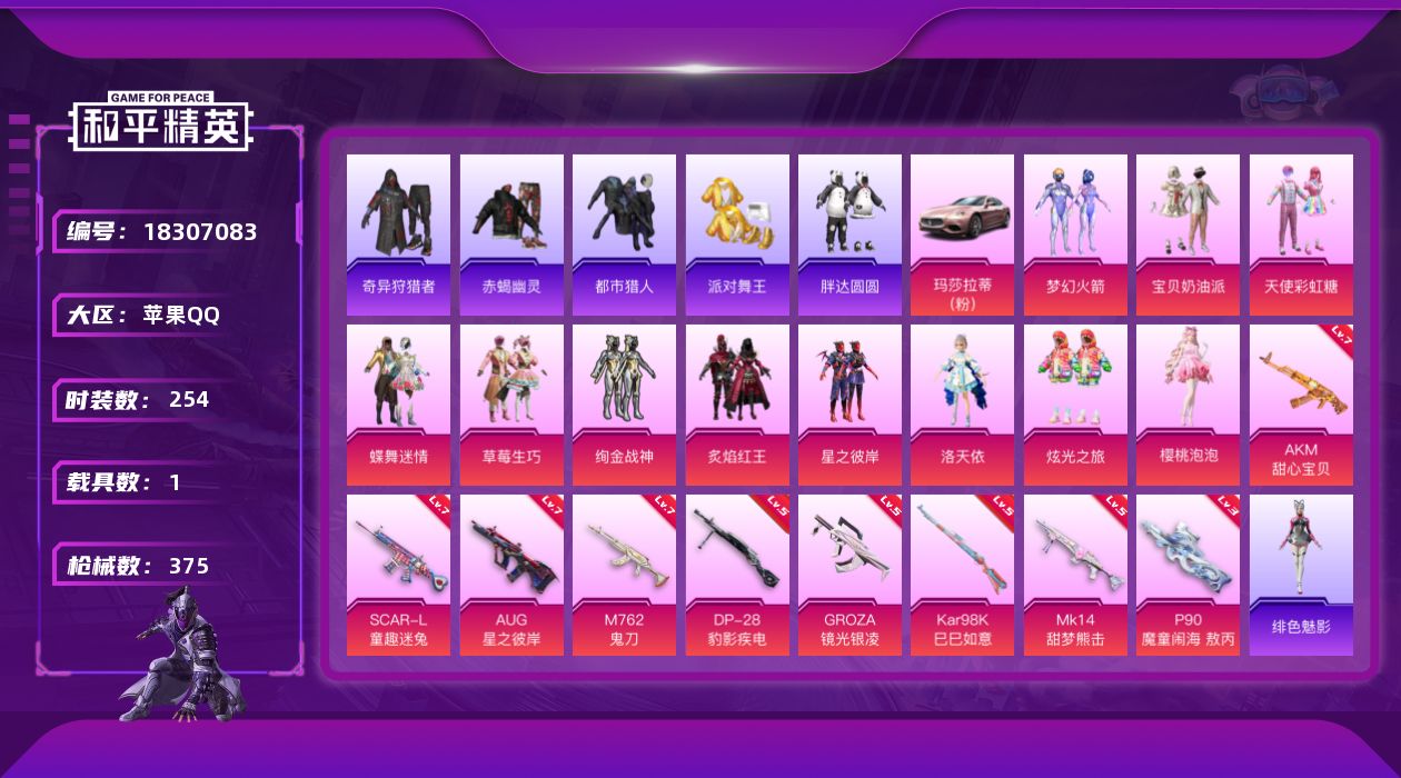 和平精英账号苹果QQ[18307083]超级无敌男神号！！！！苹果 手Q-11粉装-9特效枪-1载具-5粉色飞行器-116551热力值-24王牌印记-254套装-375枪皮
【热门品类】：粉装-梦幻火箭，套装-浪漫天命，