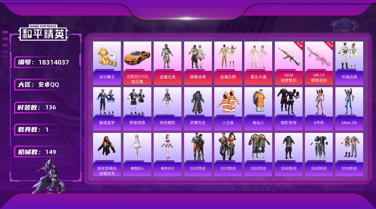 和平精英账号安卓QQ[18314037]安卓 手Q-4粉装-4特效枪-1载具-4粉色飞行器-44947热力值-5王牌印记-136套装-149枪皮
【热门品类】：套装-派对舞王，套装-小丑鱼，套装-SS1特训，套装-龟仙人