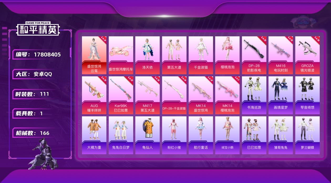 和平精英账号安卓QQ[17808405]【店主推荐捡漏号！可直接换绑】安卓 手Q-1神装-4粉装-11特效枪-1载具-4粉色飞行器-54686热力值-8王牌印记-111套装-166枪皮【红色神装等级】：盛世惊鸿-云鸾(三
