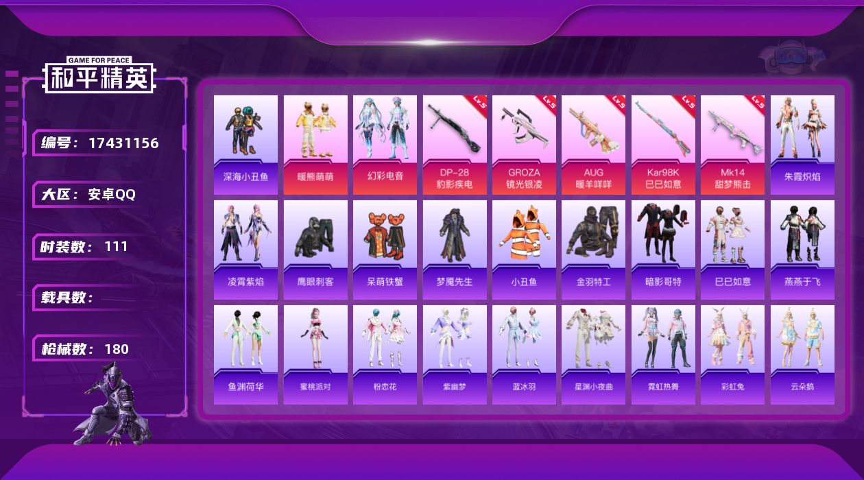 和平精英账号安卓QQ[17431156]【特价出售/店主推荐】
安卓 手Q-无敌战神框-2粉装-7特效枪-0载具-3粉色飞行器-47065热力值-6王牌印记-111套装-180枪皮
【热门品类】：套装-深海小丑鱼，套装-