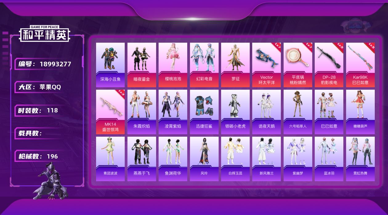 和平精英账号苹果QQ[18993277]苹果 手Q-5粉装-5特效枪-0载具-3粉色飞行器-59155热力值-7王牌印记-118套装-196枪皮
【热门品类】：套装-深海小丑鱼，角色-六号稻草人
【粉色套装】：粉装-暗夜