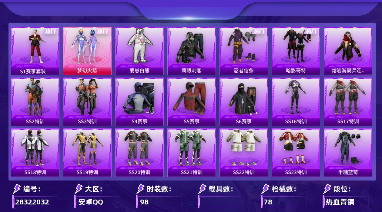 [28322032]【2166】98套装/装备79/战备92/王牌印记5/热力值25526/梦幻火箭背包(2级)/甜心宝贝背包(1级)/百万伏特背包(2级)/梦幻火箭头盔(3级)/梦幻火箭头盔(2级)/梦幻火箭头盔(1级)/百万伏特头盔(2级)/深海小丑鱼头盔(1级)/梦幻火箭(新101)/S1赛事套装/忍者信条/套装-SS1特训/暗影哥特/熔岩游骑兵连帽夹克/梦幻火箭降落伞/暗夜玫瑰降落伞/筑梦精灵降落伞/环太平洋降落伞/太空嘟嘟降落伞/旋转彩虹降落伞/SS2特训/SS3特训/S4赛事/S5赛事/S6赛事/SS16特训/SS17特训/SS18特训/SS19特训/SS20特训/SS21特训/SS22特训/SS23特训/半糖蓝莓/完美偶像/幻世战舞者/怒火燎原/探宝勇士/朋克之心/格斗先锋/棕色飞行服/橘黑制服/海滨突袭者/深蓝色名流/游猎者/滨海假日/滨海厨神/爱崽白熊/牛气冲天/牛气满满/特训学院/狂战萌兔/狂沙舞者/猎鹰/玉兔迎春/甜蜜告白/甜蜜熊情侣/登山爱好者/白色伏地魔/破晓情侣/福星高照/空投萌叽/竞技名士/竞技达人朋克/红剪之缘/红色运动/荣耀/蓝色运动/虎虎生威吉莉/迎春赐吉/都市魅力/长空猛禽/霸义无双/青年教官/青春校园/青涩时光/青羽突袭者/骑行爱好者/魅力单车/麻辣教官/黄色伏地魔/黄色格斗者/黑色伏地魔/特战英豪/刚毅裁决者/鹰眼刺客/冰冻风暴/漫步者/冰原奔狼/无烬之地/水银刺客/甜蜜菠萝/战地菁英/派对绅士/极地朋克/午夜朋克/清新柠檬/冰川特警/摩艾涂鸦/暴风机械师/时空追击者/瑞龙福将/团圆交子/天籁歌者/遗落祭司/异彩先驱/霓虹极客/甜心亚梦/虚音幻奏/娇憨猪猪/萌趣咩咩/酸甜橘柚/梦幻火箭飞行器/AKM-冰凉西瓜/AKM-奇异狩猎者/AKM-彩虹符号/AKM-破晓战魂/AKM-虎虎生威/M16A4-幻世战舞者/M16A4-甜心亚梦/M16A4-生命誓言/M16A4-红色方程式/SCAR-L-玉兔迎春/M416-月影鸳鸯/M416-蓝色火焰/GROZA-异彩先驱/GROZA-影袭/AUG-耀粉歌者/M762-彩虹甜喵/M762-瑞龙福将/M762-生命誓言/Mk47-百万伏特/G36C-时空追击者/AC-VAL-甜心亚梦/蜜獾-垂柳戏鸭/蜜獾-天降萌叽/蜜獾-娇憨猪猪/UZI-娇憨猪猪/UZI-影袭/UZI-炫彩节奏/UMP45-时空追击者/Vec
