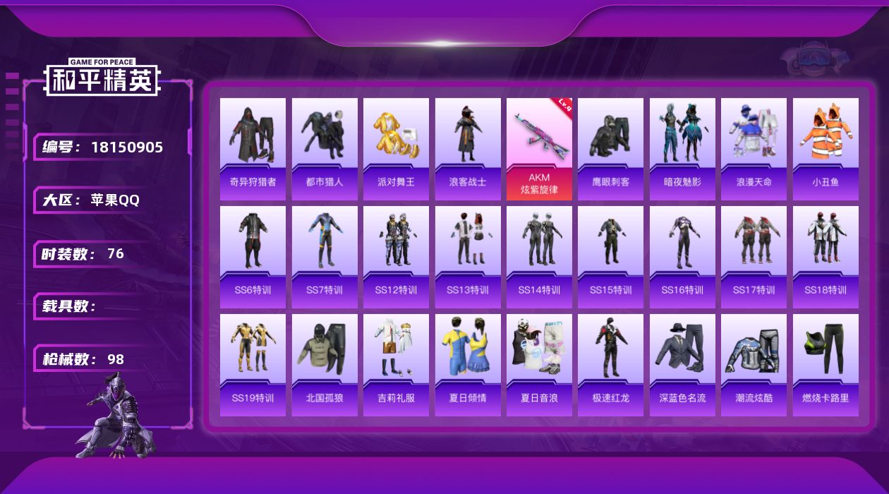 和平精英账号苹果QQ[18150905]【特价出售/店主推荐】苹果 手Q-0粉装-4特效枪-0载具-0粉色飞行器-29944热力值-3王牌印记-76套装-98枪皮
【热门品类】：套装-浪漫天命，套装-都市猎人，套装-派对