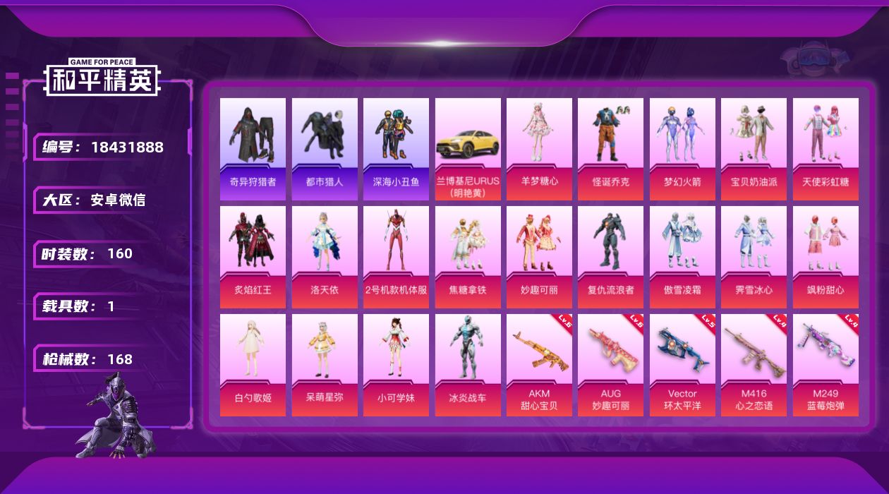 和平精英账号安卓微信[18431888]【特价出售/店主推荐】安卓 微信-18粉装-9特效枪-1载具-2粉色飞行器-65578热力值-12王牌印记-160套装-168枪皮
【热门品类】：粉装-怪诞乔克，粉装-梦幻火箭，套