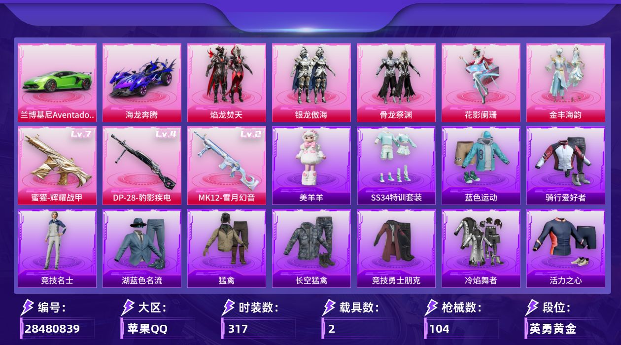 []5粉装 3特效枪 2载具 2印记 可二次 可修改实名 
【热门装扮】焰龙焚天,花影阑珊,银龙傲海,骨龙祭渊,金丰海韵
【载具】海龙奔腾,兰博基尼Aventador SVJ(翡翠绿)
【稀有枪皮】DP-28-豹影疾电,MK12-雪月幻音,蜜獾辉耀战甲
【七级特效枪】七级蜜獾-辉耀战