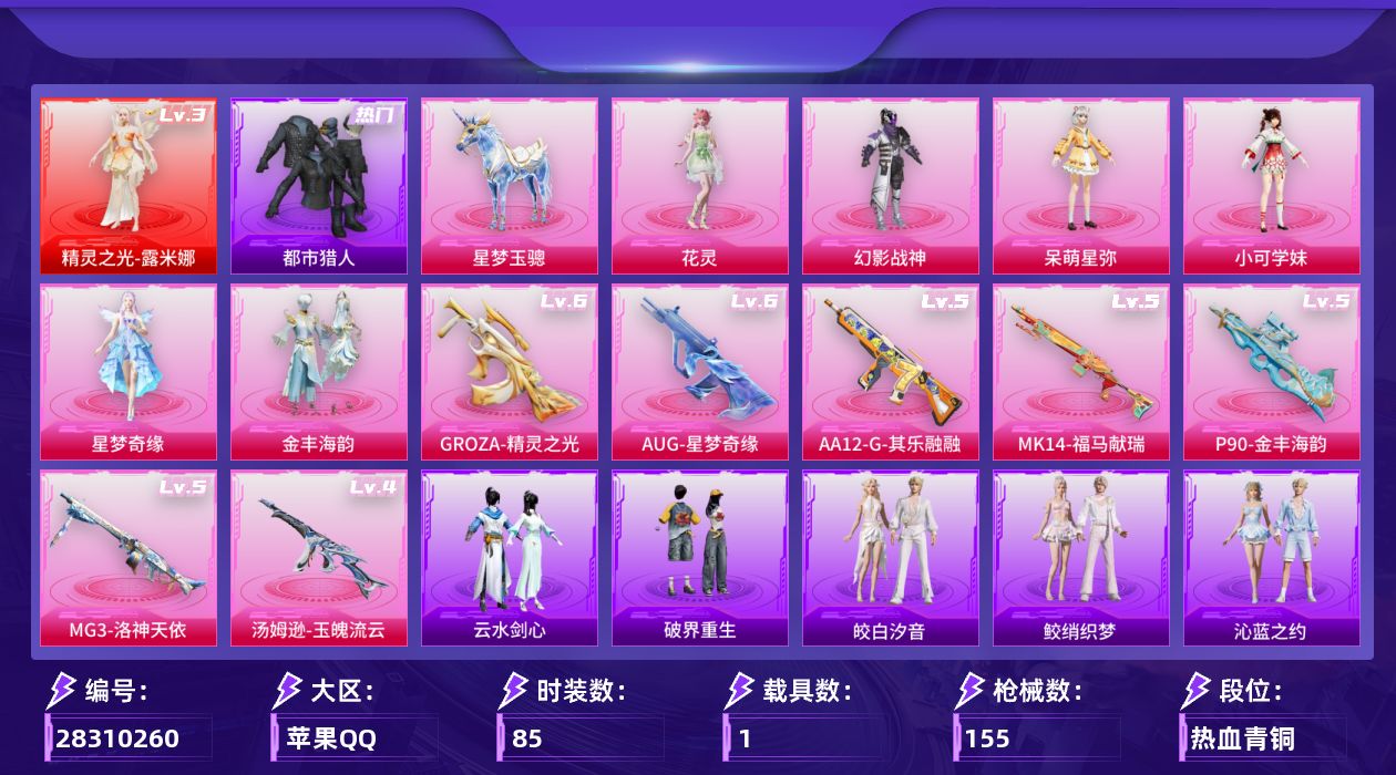 [28310260]苹果手Q-历史最高段位：绝世王牌19星-1神装-6粉装-7特效枪-1载具-1粉色飞行器-48479热力值-6王牌印记-85套装-155枪皮
【红色神装等级】：精灵之光-露米娜(三级)
【红色角色神装】：精灵之光-露米娜
【热门品类】：套装-都市猎人，套装-龟仙人，套装-粉红小猪，角色-Mark.06
【粉色套装】：粉装-幻影战神，角色-呆萌星弥，角色-小可学妹，角色-星梦奇缘，粉装-金丰海韵，角色-花灵
【粉色枪皮等级】：GROZA-精灵之光(六级)，AUG-星梦奇缘(六级)，汤姆逊-玉魄流云(四级)，P90-金丰海韵(五级)，Mk14-福马献瑞(五级)，AA12-G-其乐融融(五级)，MG3-洛神天依(五级)
【粉色载具】：星梦玉骢
【粉色枪皮】：GROZA-精灵之光，AUG-星梦奇缘，汤姆逊-玉魄流云，P90-金丰海韵，Mk14-福马献瑞，AA12-G-其乐融融，MG3-洛神天依
【粉色飞行器】：星梦奇缘飞行器
【粉色降落伞】：绝对恒星降落伞，洛神天依降落伞，歌者泠鸢降落伞，第五大道降落伞，白勺歌姬降落伞，镜光幻境降落伞，星梦奇缘降落伞，金丰海韵降落伞，精灵之光降落伞，喜羊羊与灰太狼降落伞
【稀有套装】：套装-龟仙人，套装-雪国风尚，套装-马上有钱，套装-迅捷龙虾，套装-云宝联名款，套装-其乐融融，套装-彩旗巡礼，套装-恋语绒绒，套装-荒原烈焰，套装-云水剑心，套装-破界重生，套装-冰河战士，套装-香桃花海，套装-雏菊兔兔，套装-萝兰蝴蝶，套装-小熊娃娃，套装-糖糖葫芦，套装-青团波波，套装-棉花软糖，套装-混沌火种，玩偶服-美羊羊，玩偶服-喜羊羊，套装-画境星梦，套装-琴音绮想，角色-莹鸢雪晶，套装-樱桃速写，套装-鲛绡织梦，套装-皎白汐音，套装-沁蓝之约，套装-薄荷书签
【稀有枪皮】：AKM-影袭，AKM-破晓战魂，SCAR-L-夜灯，SCAR-L-炫彩节奏，SCAR-L-甜蜜誓约，M416-蓝色火焰，GROZA-影袭，GROZA-懵萌河马，AUG-天降萌叽，AUG-幻影战神，AUG-耀粉歌者，QBZ-彩虹符号，QBZ-洛神天依，M762-天降萌叽，M762-奇异狩猎者，M762-萌物绒绒，Mk47-妙红点点，Mk47-洛神天依，G36C-懵萌河马，ACE32-画境星梦，UZI-影袭，UZI-红色方程式，UMP45-夜灯，汤姆逊-奇异狩猎者，汤姆逊-幻影战