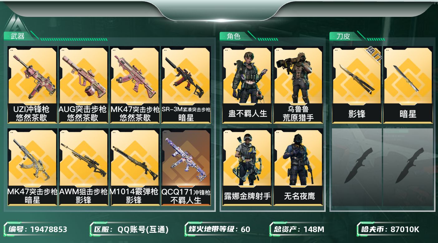 三角洲行动账号QQ总资产148M/哈夫币8701万/传说近战数3/干员外观数4/传说枪皮数27/战场等级26/行动等级60/安全箱等时效性道具以游戏内数据为准，详情请看图/无名-夜鹰(S4)/露娜-金牌射手(S7)/乌