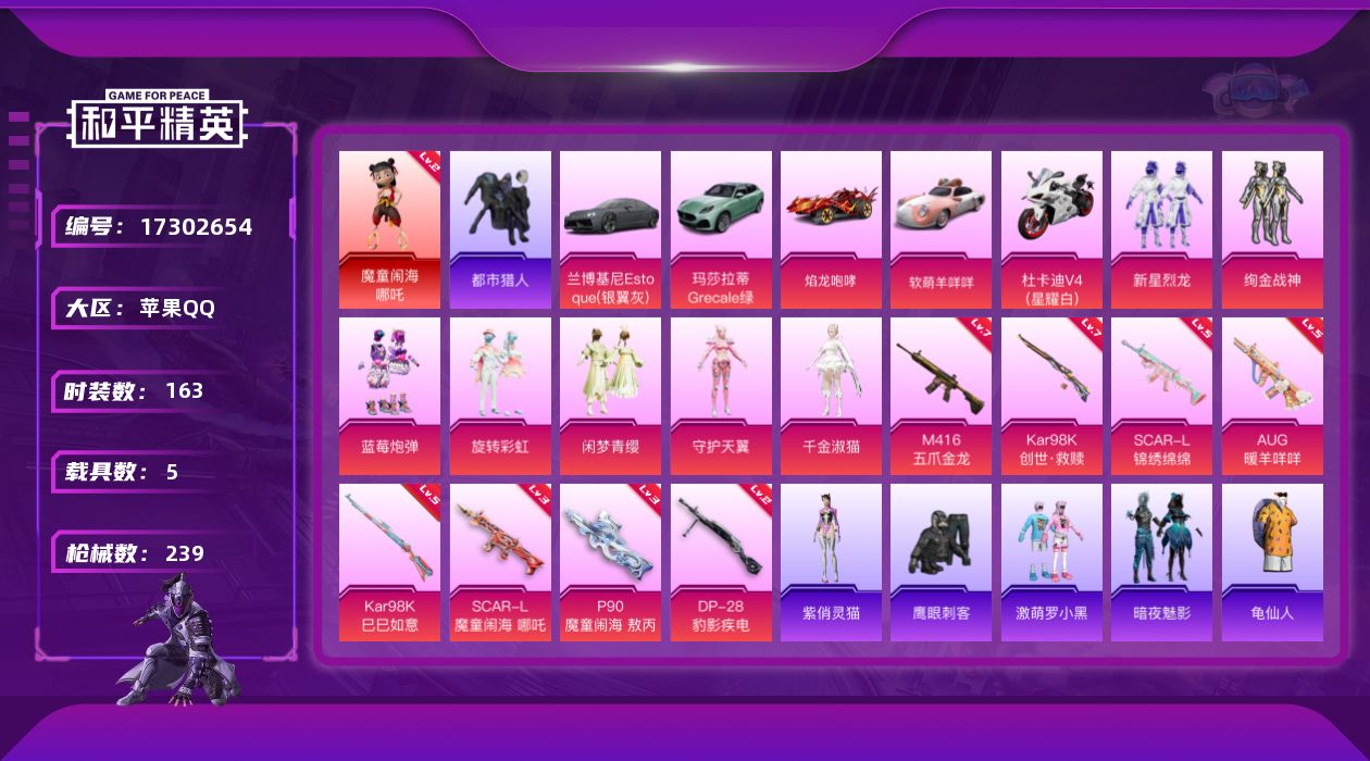 和平精英账号苹果QQ[17302654]【特价出售/店主推荐】苹果 手Q-1神装-7粉装-8特效枪-5载具-5粉色飞行器-8.3w热力值-17王牌印记-163套装-239枪皮
【红色神装等级】：魔童闹海-哪吒(二级)
【