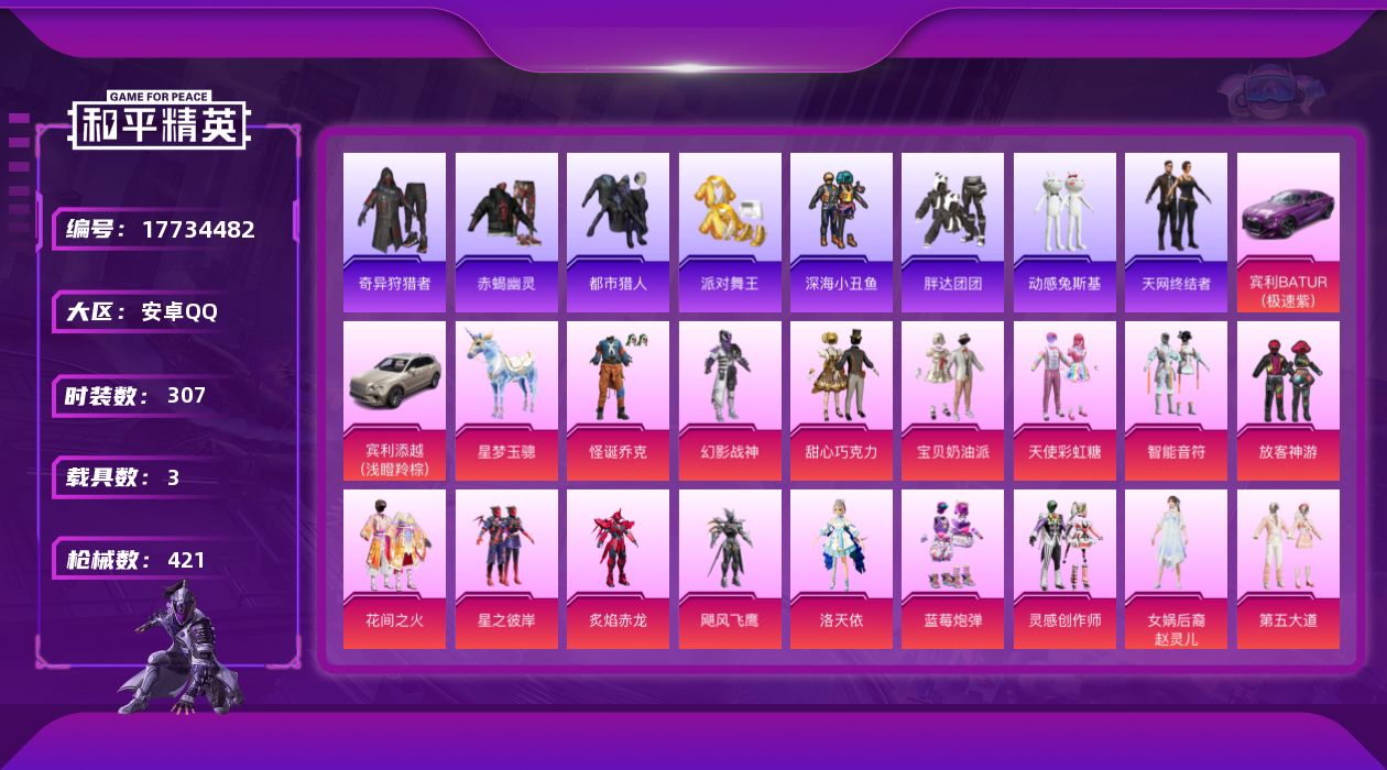 和平精英账号安卓QQ[17734482]满级星梦奇缘 满级m4至情至胜 满级ak盖世英雄安卓 手Q-23粉装-17特效枪-3载具-7粉色飞行器-149129热力值-21王牌印记-307套装-421枪皮
【热门品类】：粉装