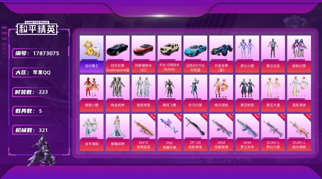 和平精英账号苹果QQ[17873075]苹果 手Q-14粉装-18特效枪-5载具-4粉色飞行器-112659热力值-12王牌印记-223套装-321枪皮
【热门品类】：粉装-梦幻火箭，套装-浪漫天命，套装-派对舞王，套装
