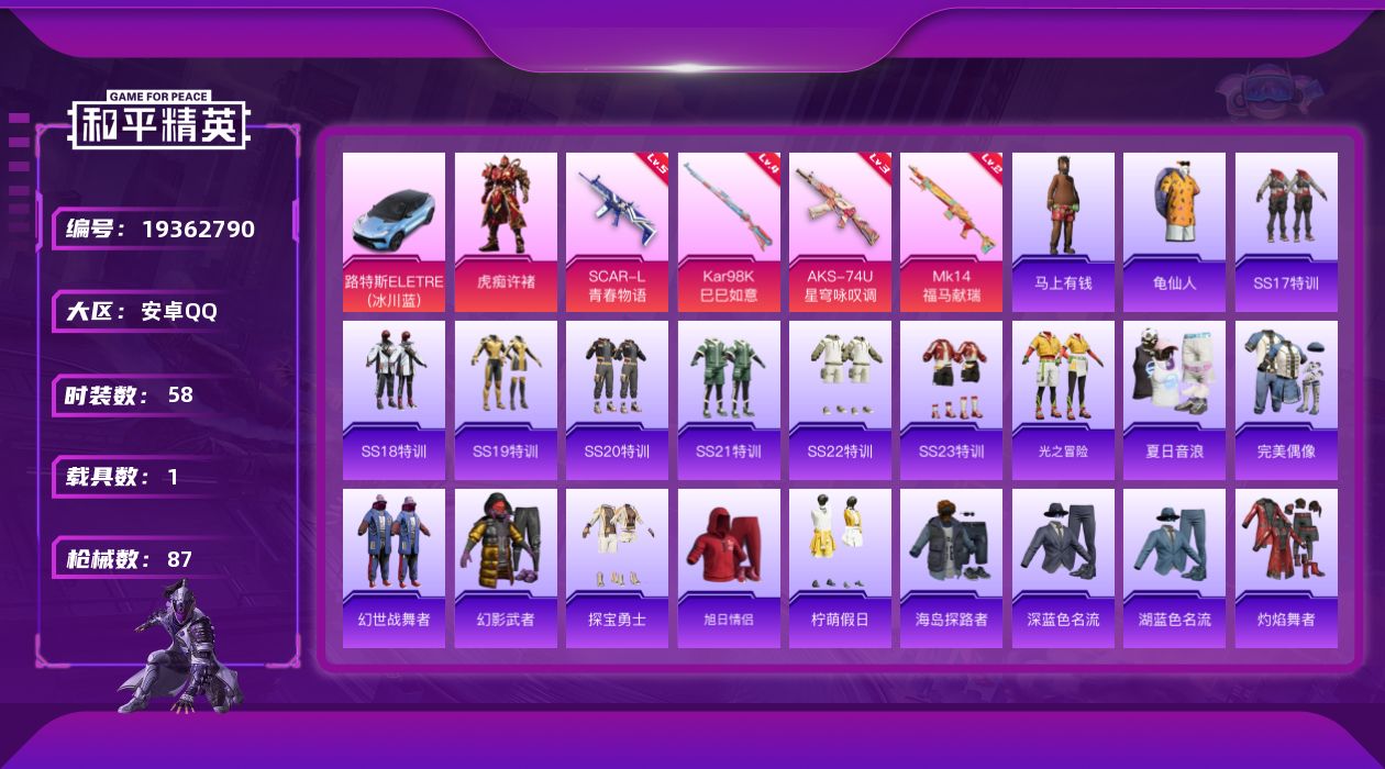 和平精英账号安卓QQ[19362790]安卓手Q-1粉装-4特效枪-1载具-1粉色飞行器-23843热力值-3王牌印记-58套装-87枪皮
【热门品类】：套装-龟仙人
【粉色套装】：角色-虎痴许褚
【粉色枪皮等级】：SC