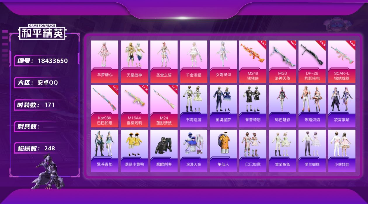 和平精英账号安卓QQ[18433650]安卓 手Q-5粉装-8特效枪-0载具-3粉色飞行器-72771热力值-17王牌印记-171套装-248枪皮
【热门品类】：套装-浪漫天命，套装-龟仙人，套装-潮萌小黄鸭
【粉色套装