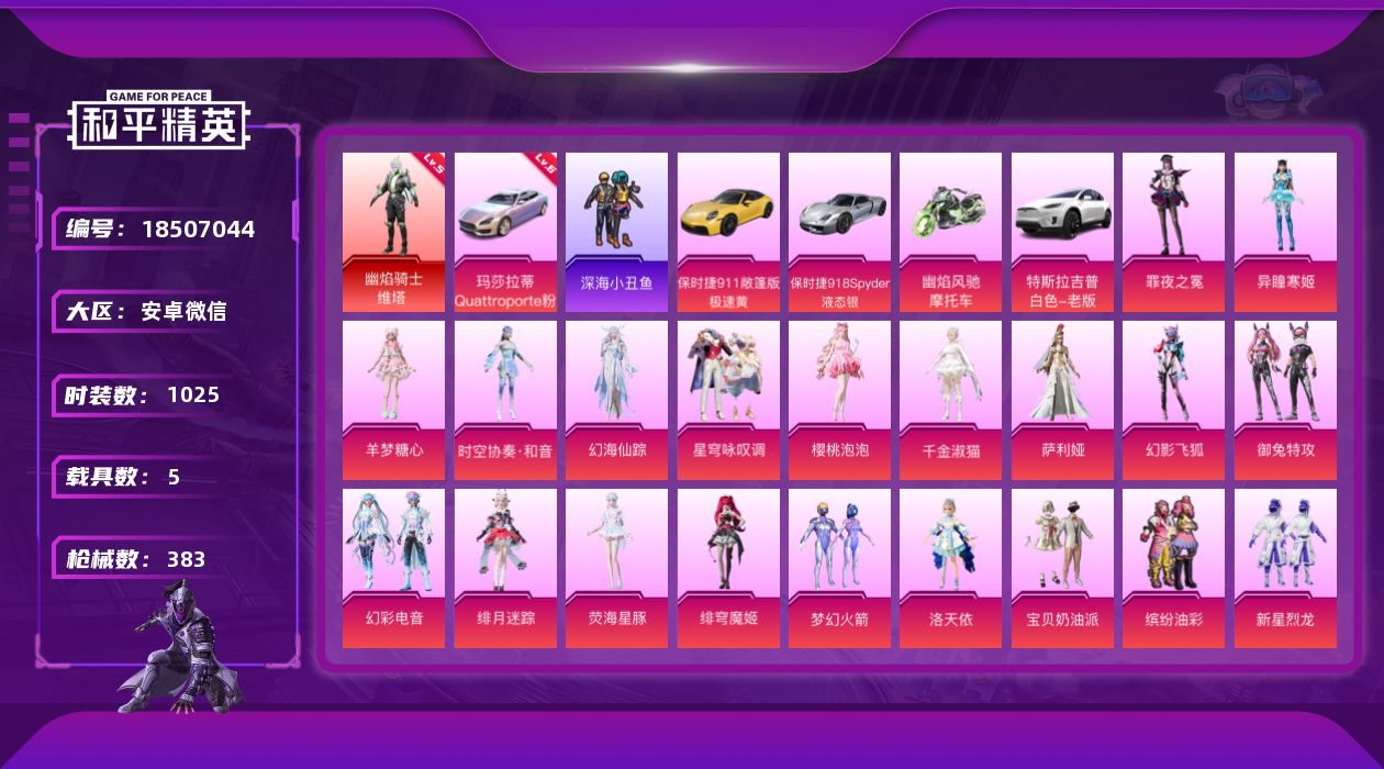 和平精英账号安卓微信实名: 可修改 时装数: 1025 载具数: 5 枪械数: 383 战备数: 297 神级装扮: 幽
