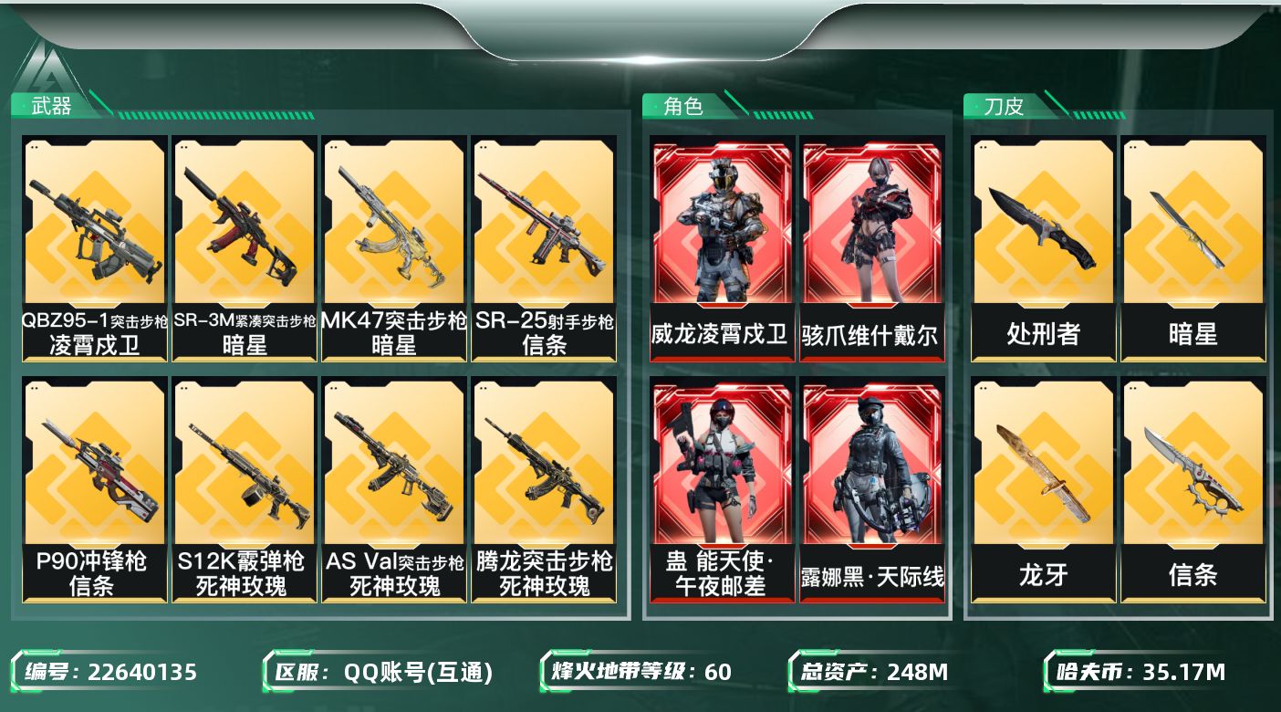 三角洲行动账号QQ【wf832】wf832 总资产254.8M 流动205.7M. 全红皮 4刀 5金 黑海 龙牙 信