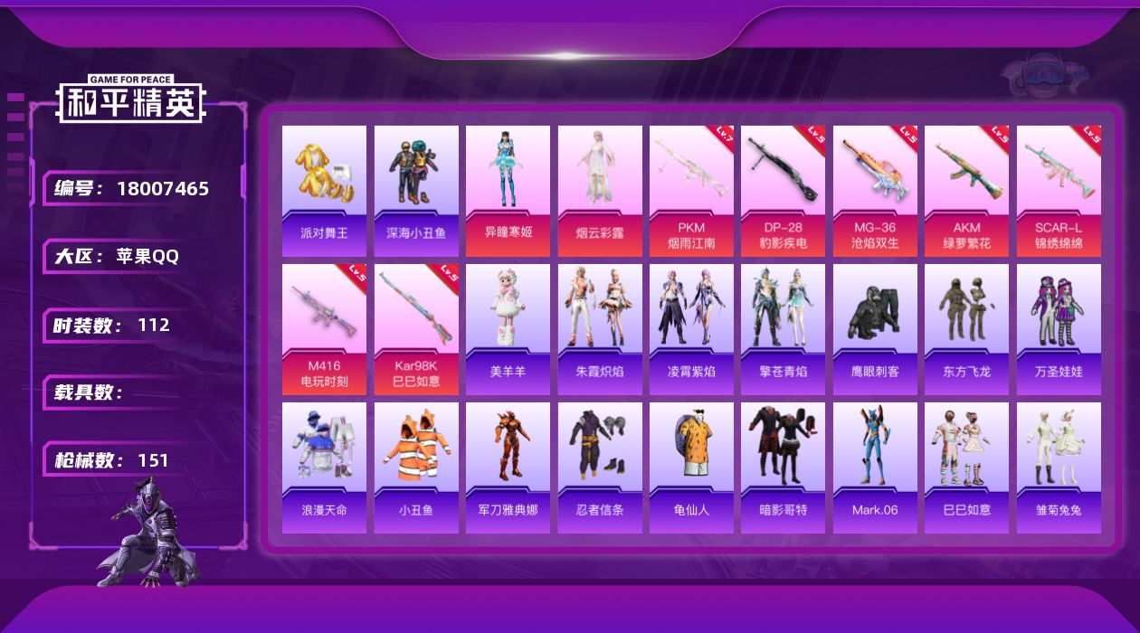 和平精英账号苹果QQ[18007465]苹果 手Q-2粉装-10特效枪-0载具-2粉色飞行器-46249热力值-7王牌印记-112套装-151枪皮
【热门品类】：套装-浪漫天命，套装-派对舞王，套装-深海小丑鱼，套装-小