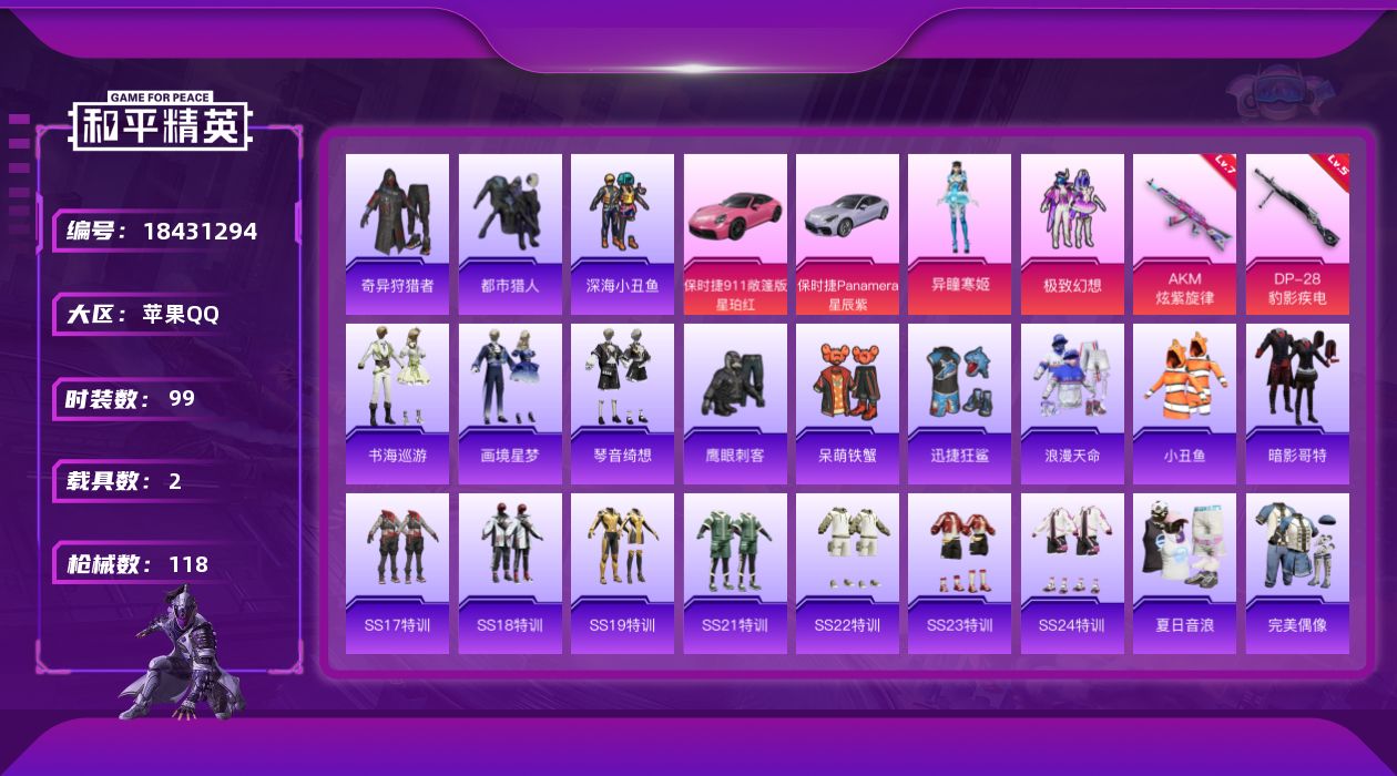 和平精英账号苹果QQ[18431294]苹果 手Q-2粉装-5特效枪-2载具-2粉色飞行器-34254热力值-4王牌印记-99套装-118枪皮
【热门品类】：套装-浪漫天命，套装-都市猎人，套装-深海小丑鱼，套装-小丑鱼