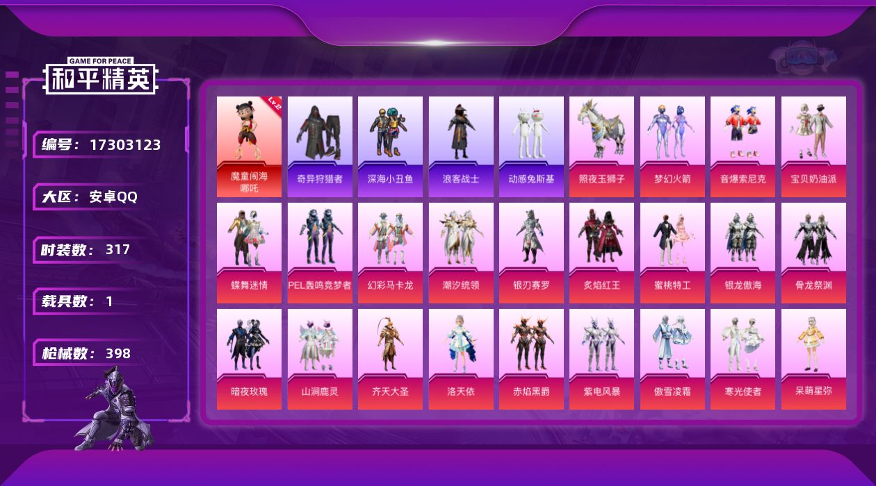 和平精英账号安卓QQ[17303123]可二次【特价出售/店主推荐】安卓 手Q-1神装-32粉装-13特效枪-1载具-11粉色飞行器-141268热力值-17王牌印记-317套装-398枪皮
【红色神装等级】：魔童闹海-