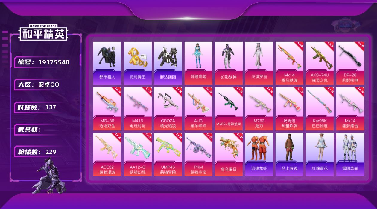 和平精英账号安卓QQ[19375540]安卓 手Q-3粉装-17特效枪-0载具-3粉色飞行器-57053热力值-10王牌印记-137套装-229枪皮
【热门品类】：套装-浪漫天命，套装-都市猎人，套装-派对舞王，套装-胖