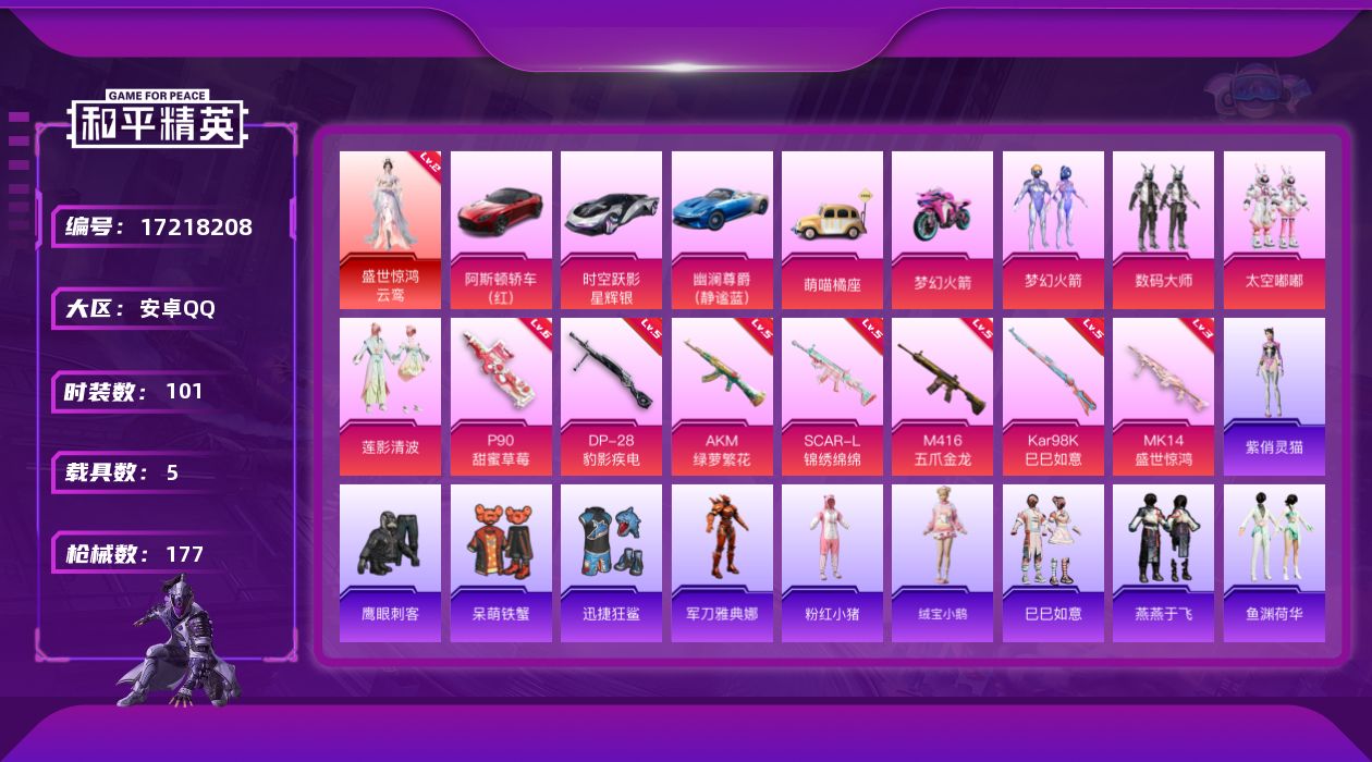 和平精英账号安卓QQ[17218208]安卓 手Q-1神装-4粉装-7特效枪-5载具-7粉色飞行器-61523热力值-13王牌印记-101套装-177枪皮
【红色神装等级】：盛世惊鸿-云鸾(二级)
【红色角色神装】：盛世