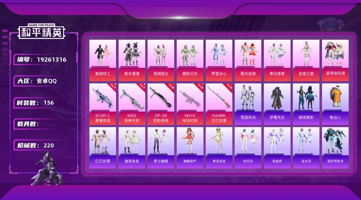 和平精英账号安卓QQ[19261316]安卓 手Q-9粉装-5特效枪-0载具-2粉色飞行器-65580热力值-10王牌印记-156套装-220枪皮
【热门品类】：套装-龟仙人
【粉色套装】：粉装-蜜桃特工，粉装-黑伞漫漫