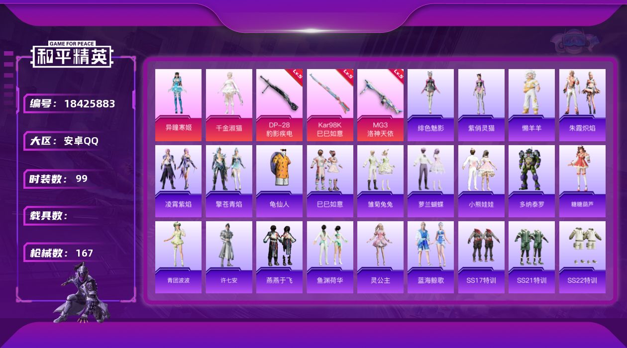 和平精英账号安卓QQ[18425883]【特价出售/店主推荐】安卓 手Q-2粉装-4特效枪-2粉色飞行器-44689热力值-7王牌印记-99套装-167枪皮
【热门品类】：套装-龟仙人
【粉色套装】：角色-千金淑猫，角色