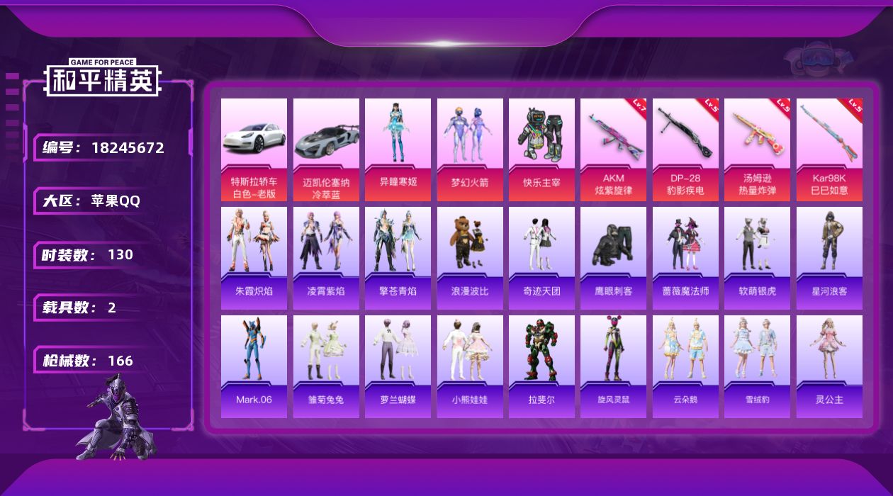 和平精英账号苹果QQ[18245672]苹果 手Q-3粉装-5特效枪-2载具-1粉色飞行器-53325热力值-3王牌印记-130套装-166枪皮
【热门品类】：粉装-梦幻火箭，套装-星河浪客，旭日初心兜帽大衣，套装-浪漫