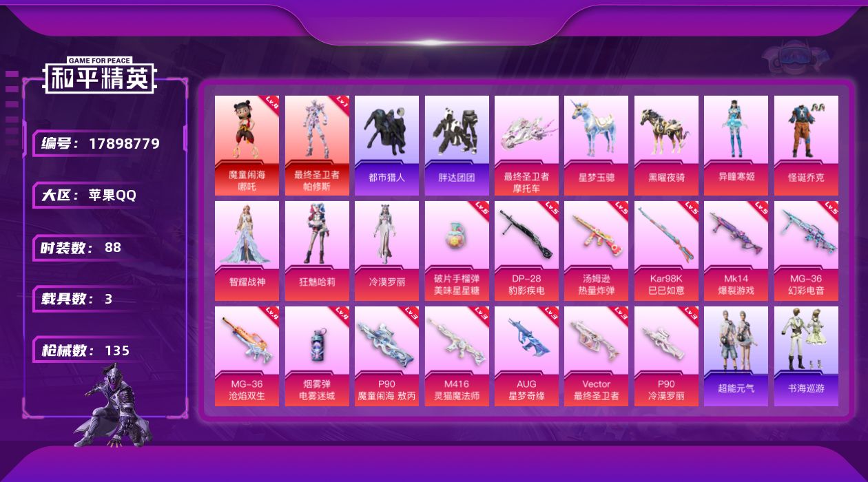 和平精英账号苹果QQ[17898779]【店主推荐捡漏号！可直接换绑】苹果 手Q-2神装-5粉装-15特效枪-3载具-6粉色飞行器-51020热力值-8王牌印记-88套装-135枪皮【红色神装等级】：魔童闹海-哪吒(四级