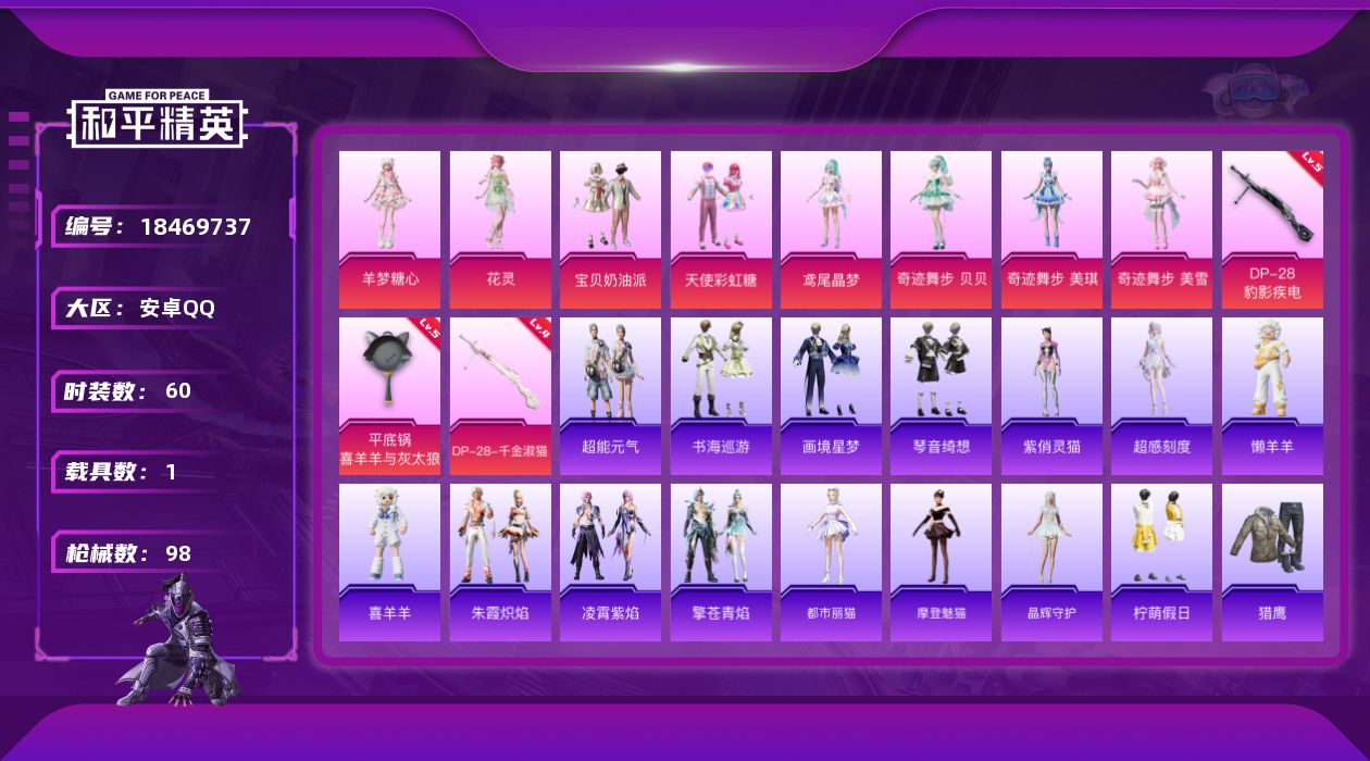 和平精英账号安卓QQ[18469737]可二次【特价出售/店主推荐】安卓 手Q-1神装-9粉装-6特效枪-1载具-3粉色飞行器-32176热力值-4王牌印记-60套装-98枪皮【红色神装等级】：暮色玫影-艾丽娅(二级)【