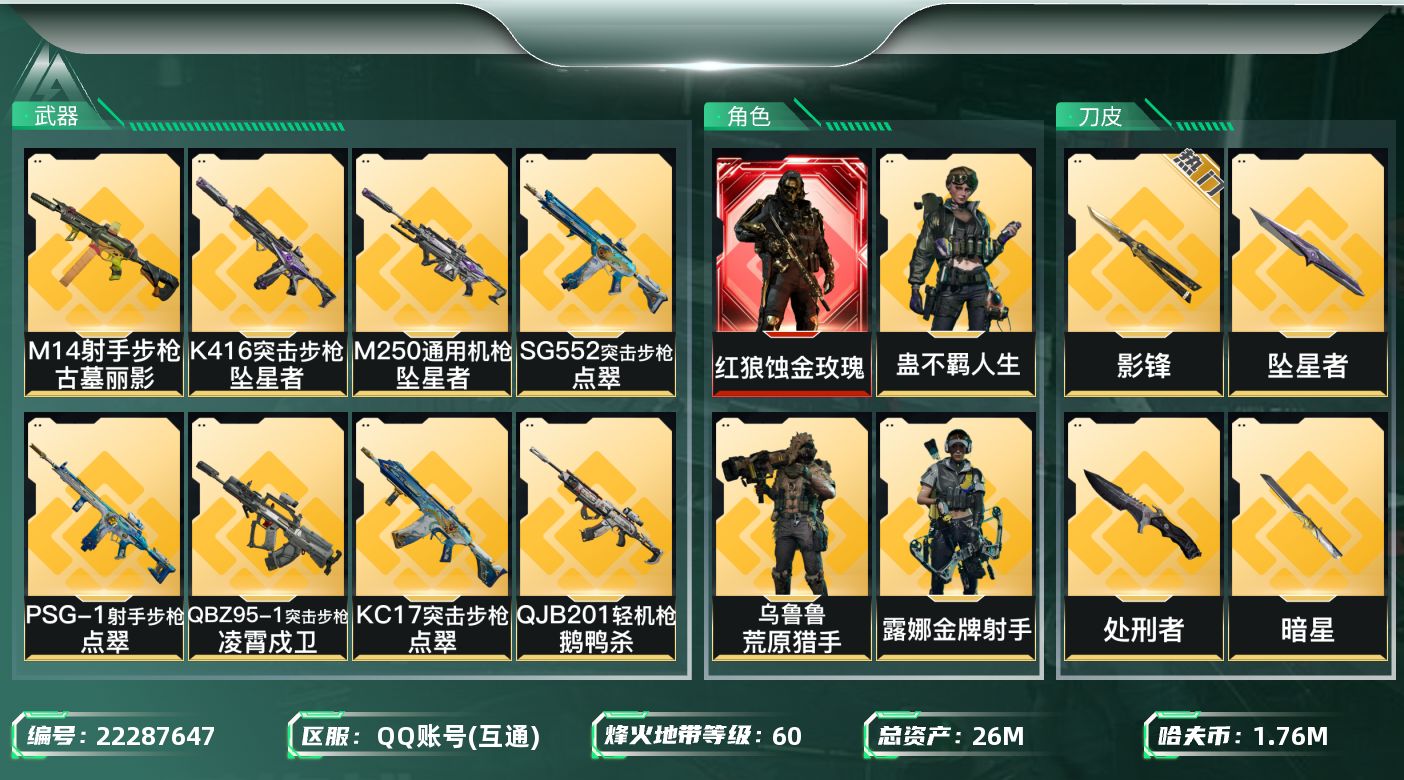 三角洲行动账号QQ【6725】26m总资产-1769k哈夫币-60烽火等级-三角洲巅峰-25战场等级-上等兵
【干员外