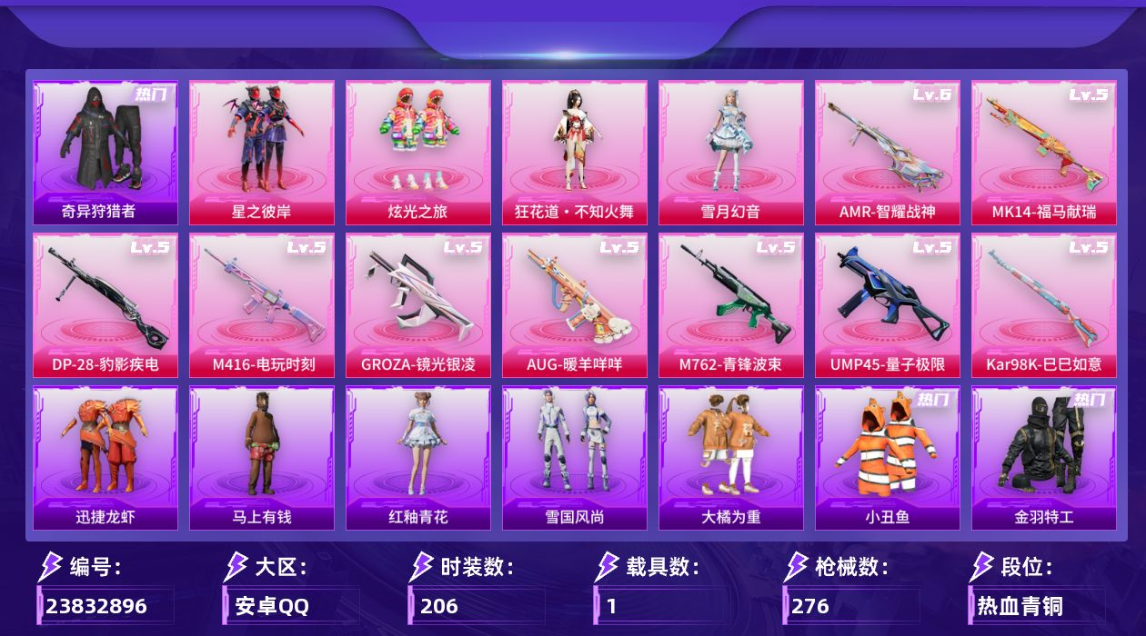 和平精英账号安卓QQ[23832896]206套装/枪械13/装备327/载具1/战备201/王牌印记14/热力值80453/五级SCAR-L-云端童话/五级M416-电玩时刻/五级GROZA-镜光银凌/五级AUG-暖羊