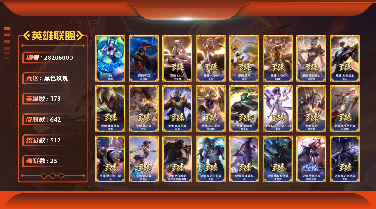 英雄联盟账号电信黑色玫瑰[28206000]t52844【黑色玫瑰】642皮肤 517炫彩 25臻彩 35神话/72限定/5