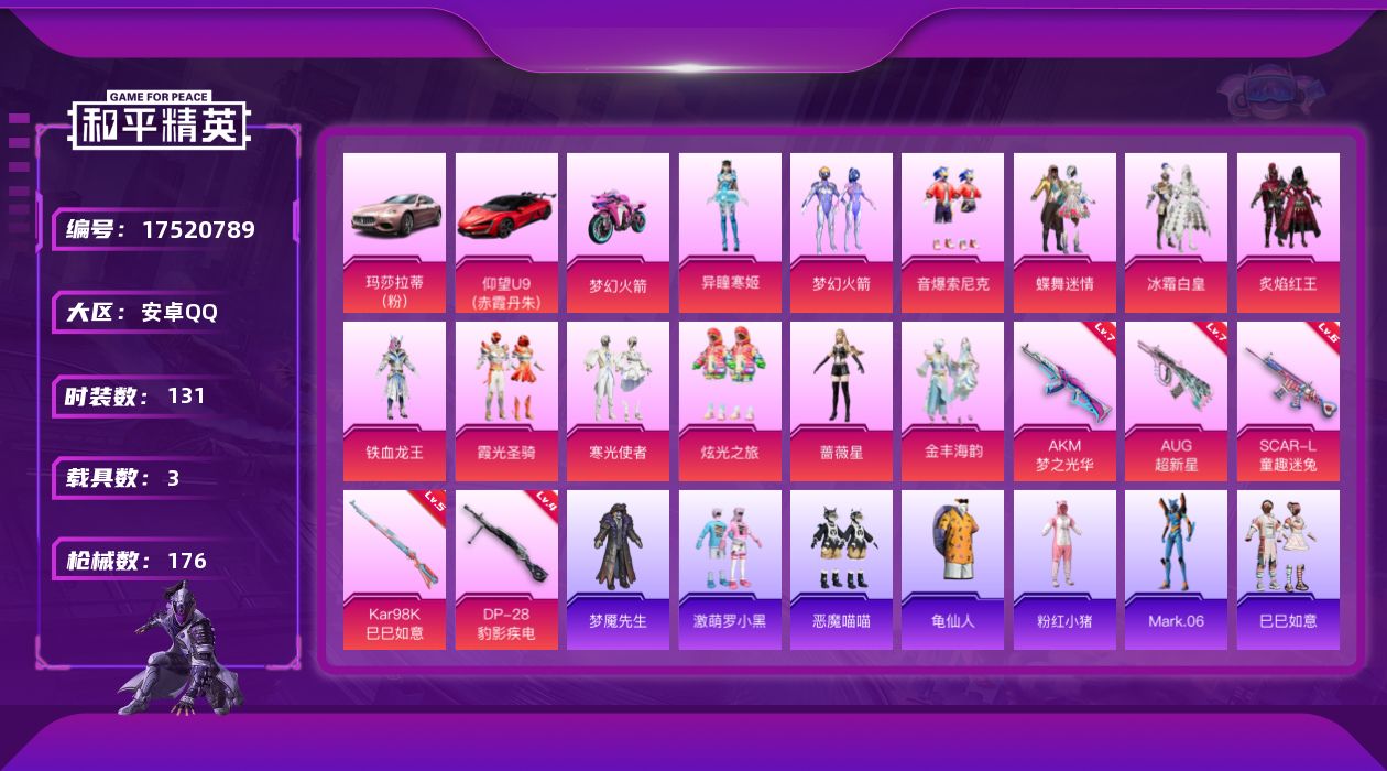 和平精英账号安卓QQ[17520789]安卓 手Q-12粉装-5特效枪-3载具-3粉色飞行器-64494热力值-9王牌印记-131套装-176枪皮
【热门品类】：粉装-梦幻火箭，粉装-音爆索尼克，套装-龟仙人，套装-粉红