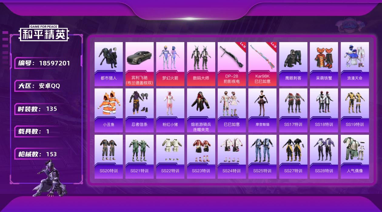 和平精英账号安卓QQ[18597201]【店主推荐捡漏号】安卓 手Q-无敌战神框-1神装-2粉装-6特效枪-1载具-3粉色飞行器-49810热力值-10王牌印记-135套装-153枪皮【红色神装等级】：霜月狼主-尼诺(二