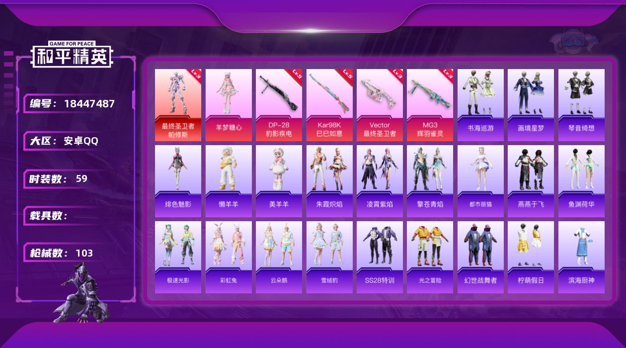 和平精英账号安卓QQ[18447487]【特价出售/店主推荐】安卓 手Q-1神装-1粉装-6特效枪-8粉色飞行器-34689热力值-6王牌印记-59套装-103枪皮【红色神装等级】：最终圣卫者-帕修斯(三级)【粉色套装】
