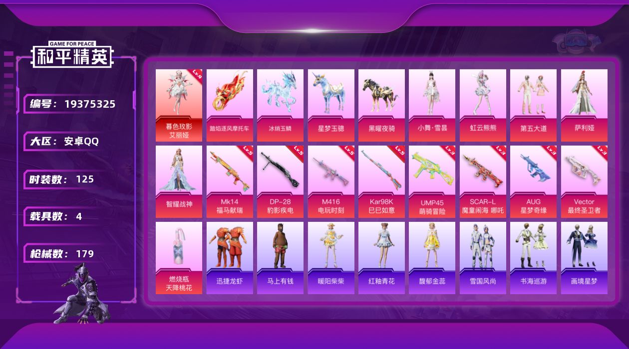 和平精英账号安卓QQ[19375325]安卓 手Q-1神装-6粉装-9特效枪-4载具-5粉色飞行器-62035热力值-8王牌印记-125套装-179枪皮
【红色神装等级】：暮色玫影-艾丽娅(四级)
【红色角色神装】：暮色