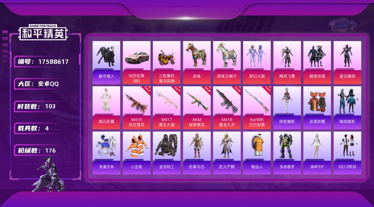 和平精英账号安卓QQ[17588617]【特价出售/店主推荐】安卓 手Q-5粉装-9特效枪-4载具-5粉色飞行器-54165热力值-14王牌印记-103套装-176枪皮
【热门品类】：粉装-梦幻火箭，套装-浪漫天命，套装