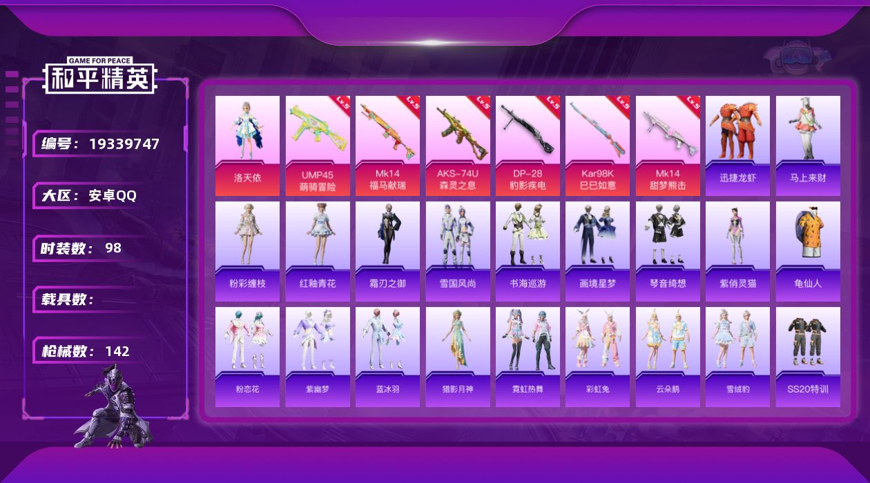 和平精英账号安卓QQ[19339747]安卓 手Q-1粉装-6特效枪-0载具-1粉色飞行器-38416热力值-6王牌印记-98套装-142枪皮
【热门品类】：套装-龟仙人
【粉色套装】：角色-洛天依
【粉色枪皮等级】：U