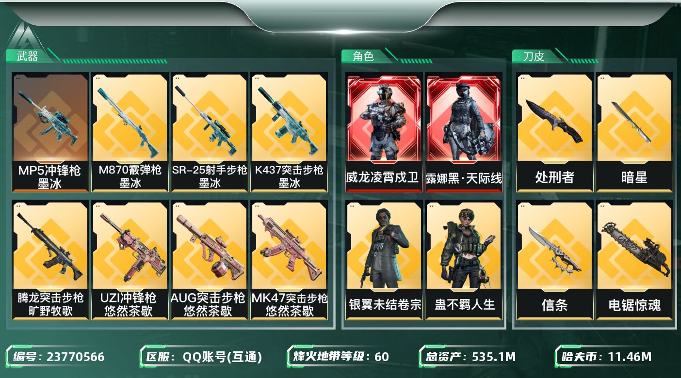 三角洲行动账号QQ信用分105，游戏一切正常，【精品号手慢无】535m总资产-11466k哈夫币-60烽火等级-钻石-