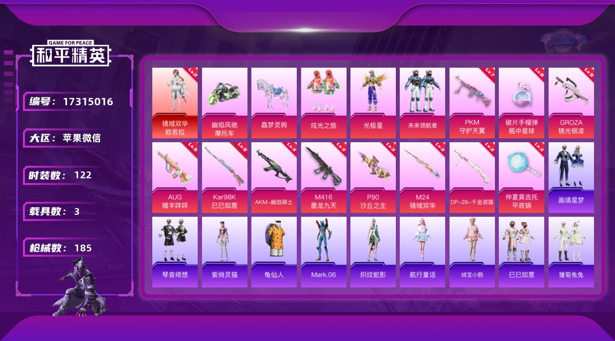 和平精英账号苹果微信"DF181可二次 所有场景限制 苹果V-1红装3载具3粉装11特效枪4热门122套装185枪皮 6