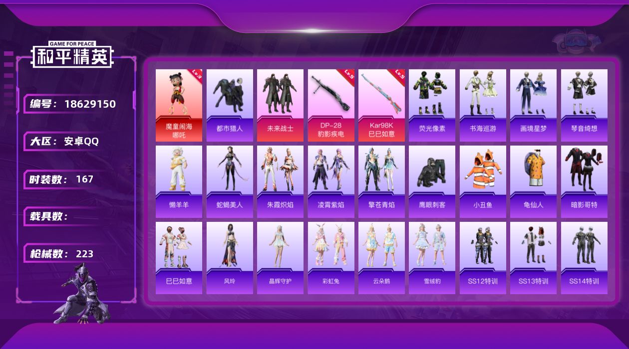 和平精英账号安卓QQ[18629150]DAS13020 (可二次实名) 安卓Q-1红装1稀有1粉装5特效枪11热门167套装223枪皮 59569热力值 10印记 历史传奇王牌17星  魔童闹海-哪吒 (3级)  都市
