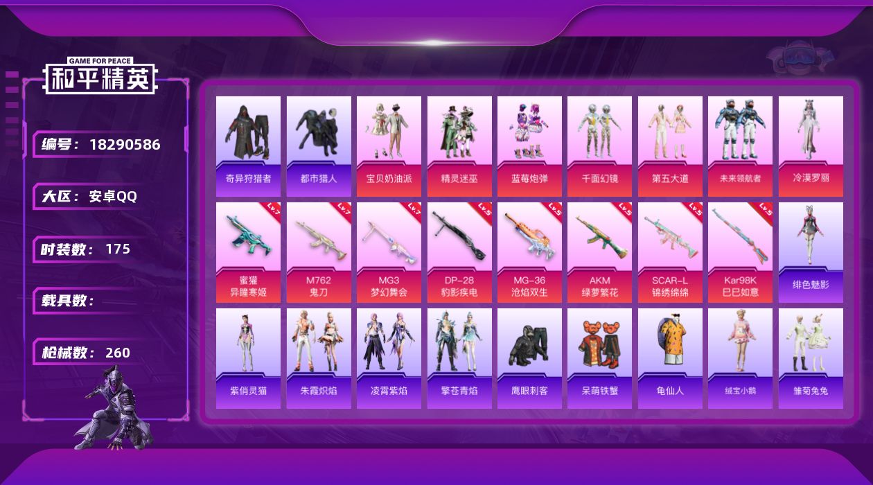 和平精英账号安卓QQ[18290586]【特价出售/店主推荐】/绝世印记2 安卓 手Q-7粉装-8特效枪-2粉色飞行器-77705热力值-13王牌印记-175套装-260枪皮【热门品类】：套装-都市猎人，套装-奇异狩猎者