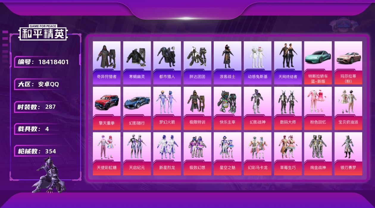 和平精英账号安卓QQ[18418401]安卓 手Q-27粉装-17特效枪-4载具-5粉色飞行器-141807热力值-15王牌印记-287套装-354枪皮
【热门品类】：粉装-梦幻火箭，套装-寒蝎幽灵，套装-浪漫天命，套装