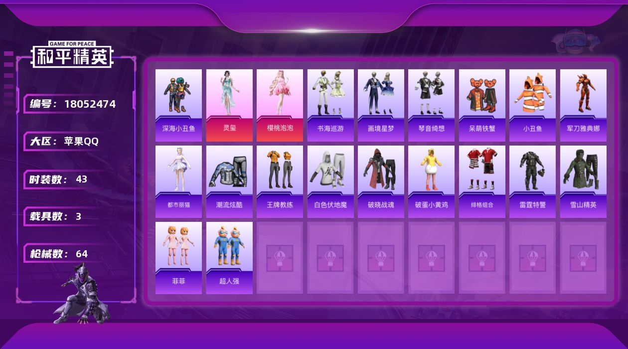 和平精英账号苹果QQ[18052474]【特价出售/店主推荐】/绝世印记1 苹果 手Q-3神装-3粉装-5特效枪-3载具-6粉色飞行器-27161热力值-3王牌印记-43套装-64枪皮【红色神装等级】：天马神君-驭风(一