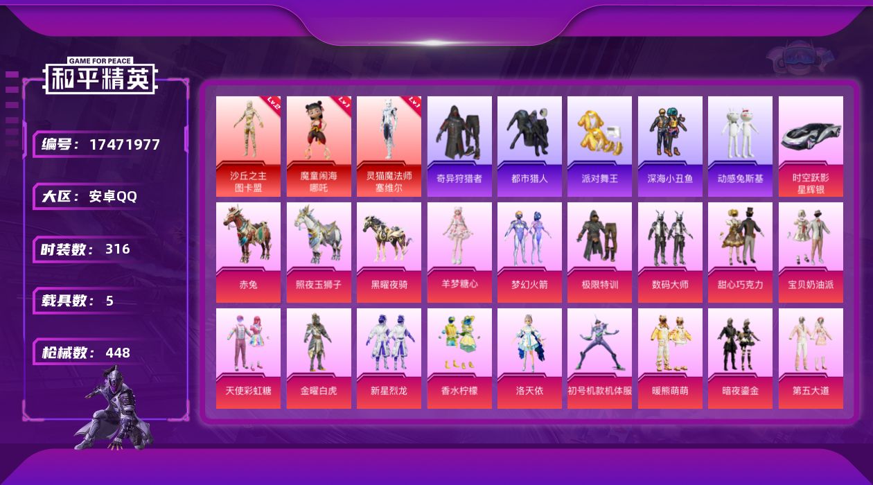 和平精英账号安卓QQ[17471977]【店主推荐捡漏号】安卓 手Q-无敌战神框-3神装-18粉装-23特效枪-5载具-12粉色飞行器-162613热力值-20王牌印记-316套装-448枪皮【红色神装等级】：魔童闹海-