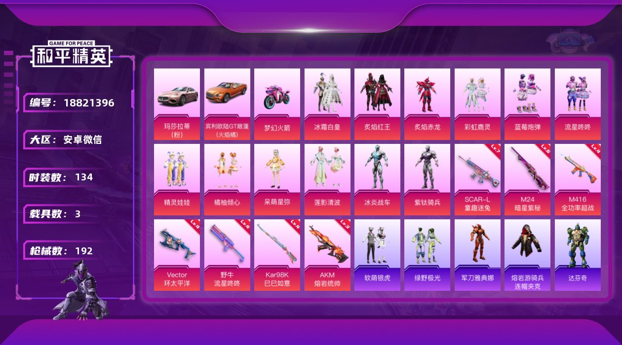 和平精英账号安卓微信[18821396]微社交限制介意勿拍！双字id真旡！猫包！童趣头盔！安卓 微信-12粉装-7特效枪-3载具-3粉色飞行器-67974热力值-2王牌印记-134套装-192枪皮
【热门品类】：角色-军