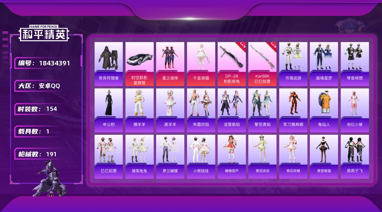 和平精英账号安卓QQ[18434391]安卓 手Q-2粉装-5特效枪-1载具-2粉色飞行器-54534热力值-13王牌印记-154套装-191枪皮
【热门品类】：套装-奇异狩猎者，角色-军刀雅典娜，套装-龟仙人，套装-粉