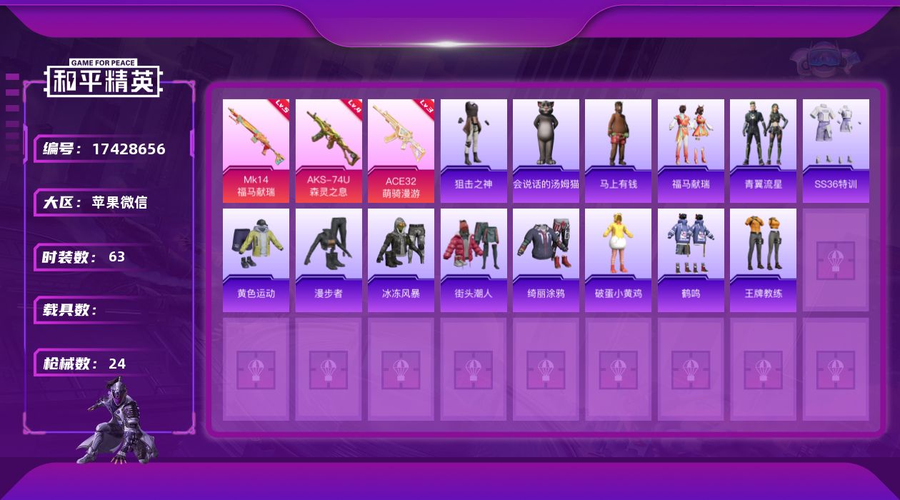 和平精英账号苹果微信3特效枪 1印记 可二次 
【稀有枪皮】ACE32-萌骑漫游,14-福马献瑞,AKS-74U-森灵之