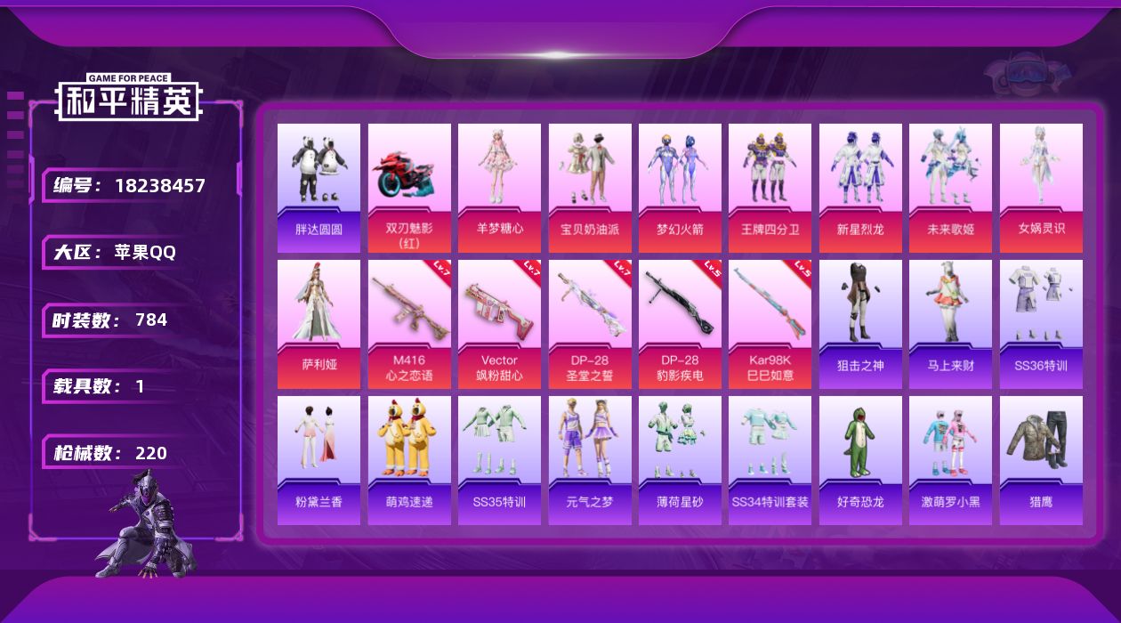 和平精英账号苹果QQ8粉装 5特效枪 1载具 27印记 可二次 可修改实名 
【热门装扮】女娲灵识,萨利娅,羊梦糖心,梦