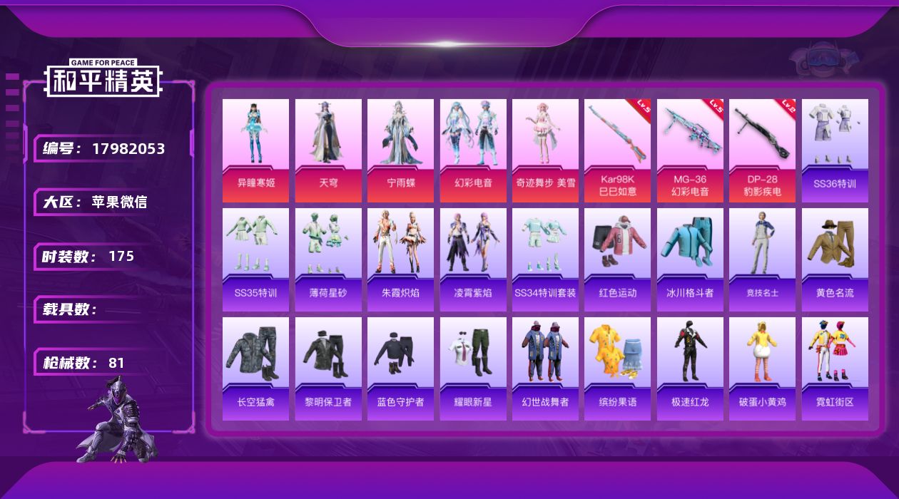 和平精英账号苹果微信[17982053]5粉装 3特效枪 1印记 可二次 可修改实名 
【热门装扮】奇迹舞步-美雪,幻彩