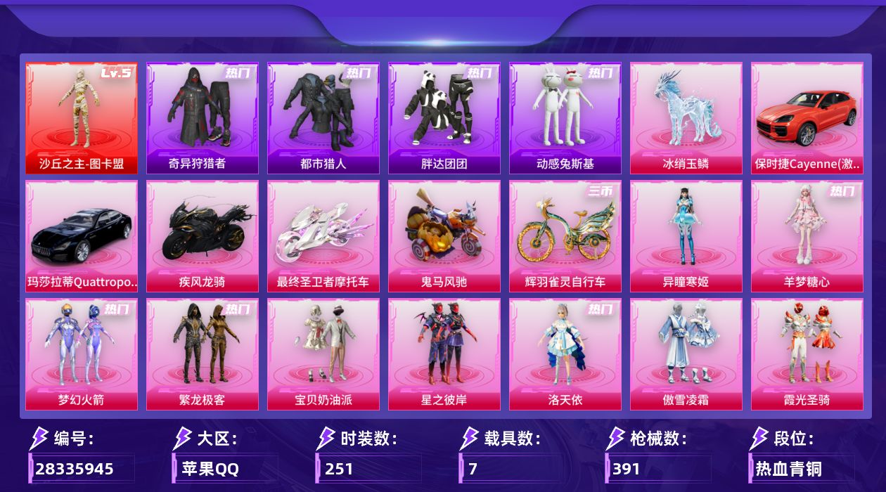 [28335945]苹果手Q-历史最高段位：超级王牌19星-1神装-20粉装-22特效枪-7载具-20粉色飞行器-158336热力值-16王牌印记-251套装-391枪皮
【红色神装等级】：沙丘之主-图卡盟(五级)
【红色角色神装】：沙丘之主-图卡盟
【热门品类】：粉装-梦幻火箭，粉装-繁龙极客，套装-浪漫天命，套装-都市猎人，套装-奇异狩猎者，角色-军刀雅典娜，套装-胖达团团，套装-星河浪客，套装-暗夜行者，套装-动感兔斯基人偶服，角色-2B战斗服款，套装-龟仙人，套装-暗影哥特，套装-粉红小猪，套装-红红火火，角色-8号机，角色-Mark.06
【粉色套装】：粉装-宝贝奶油派，粉装-梦幻火箭，粉装-星之彼岸，角色-洛天依，粉装-傲雪凌霜，粉装-霞光圣骑，粉装-暗夜鎏金，粉装-第五大道，粉装-飒粉甜心，粉装-天星战神，粉装-闲梦青缨，角色-圣堂之誓，粉装-繁龙极客，角色-守护天翼，角色-初号机 觉醒Ver.，角色-金域紫灵，粉装-星穹咏叹调，粉装-幻彩电音，角色-羊梦糖心，角色-异瞳寒姬
【粉色枪皮等级】：AKM-星际浪客(四级)，AKM-绿萝繁花(五级)，SCAR-L-锦绣绵绵(五级)，M416-五爪金龙(三级)，M416-心之恋语(七级)，M416-电玩时刻(五级)，M416-墨龙九天(四级)，AUG-星之彼岸(四级)，蜜獾-异瞳寒姬(四级)，UMP45-恐龙拽拽(七级)，Vector-最终圣卫者(三级)，P90-沙丘之主(三级)，Kar98K-巳巳如意(五级)，M24-镜域双华(三级)，Mk14-福马献瑞(一级)，AMR-炫光之旅(五级)，SPAS-12-音爆索尼克(四级)，DP-28-千金淑猫(一级)，DP-28-豹影疾电(四级)，MG3-辉羽雀灵(一级)，MG-36-幻彩电音(二级)
【粉色载具】：玛莎拉蒂Quattroporte（夜幕蓝），保时捷Cayenne（激情红），疾风龙骑，最终圣卫者摩托车，鬼马风驰，僚机-圣域龙宝，冰绡玉鳞，辉羽雀灵自行车
【粉色枪皮】：AKM-星际浪客，AKM-绿萝繁花，SCAR-L-锦绣绵绵，M416-五爪金龙，M416-心之恋语，M416-电玩时刻，M416-墨龙九天，AUG-星之彼岸，蜜獾-异瞳寒姬，UMP45-恐龙拽拽，Vector-最终圣卫者，P90-沙丘之主，Kar98K-巳巳如意，M24-镜域双华，Mk14-福马献瑞，AMR-炫
